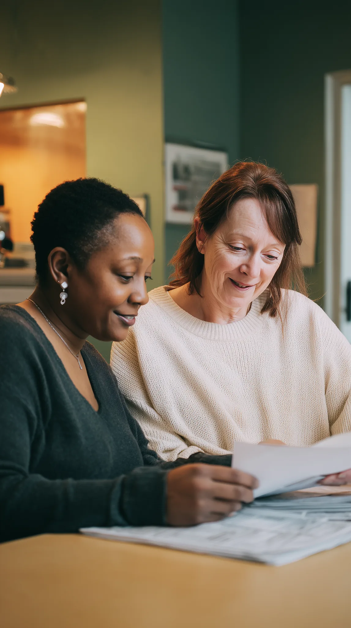 adult-support-reviewing-documents Two adult support workers sitting together at a table, reviewing paperwork and discussing documents in a calm, collaborative support setting.