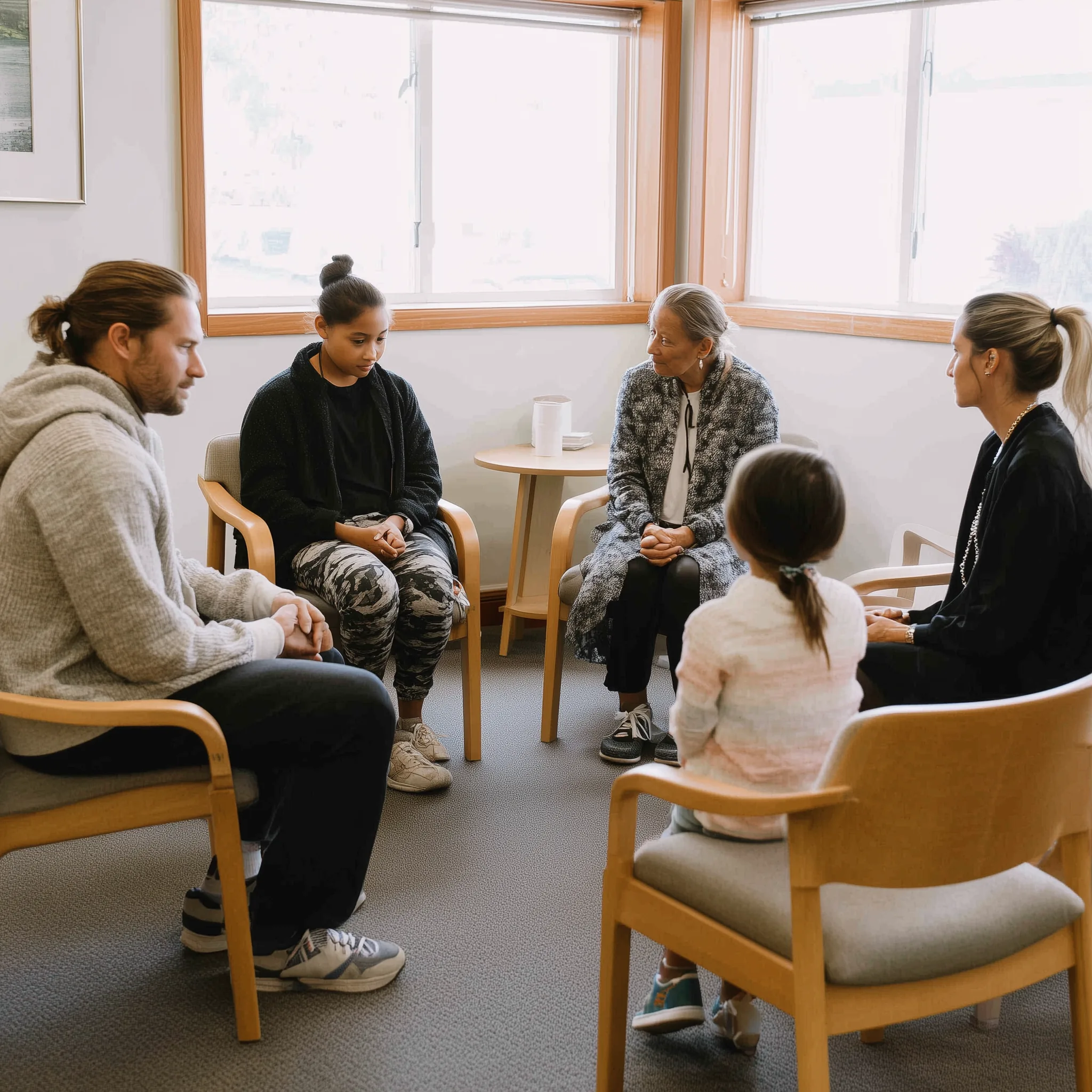 family-conflict-resolution-counselling-circle Family and youth sitting in a circle with a counsellor in a neutral counselling space, participating in conflict resolution and mediated conversation.