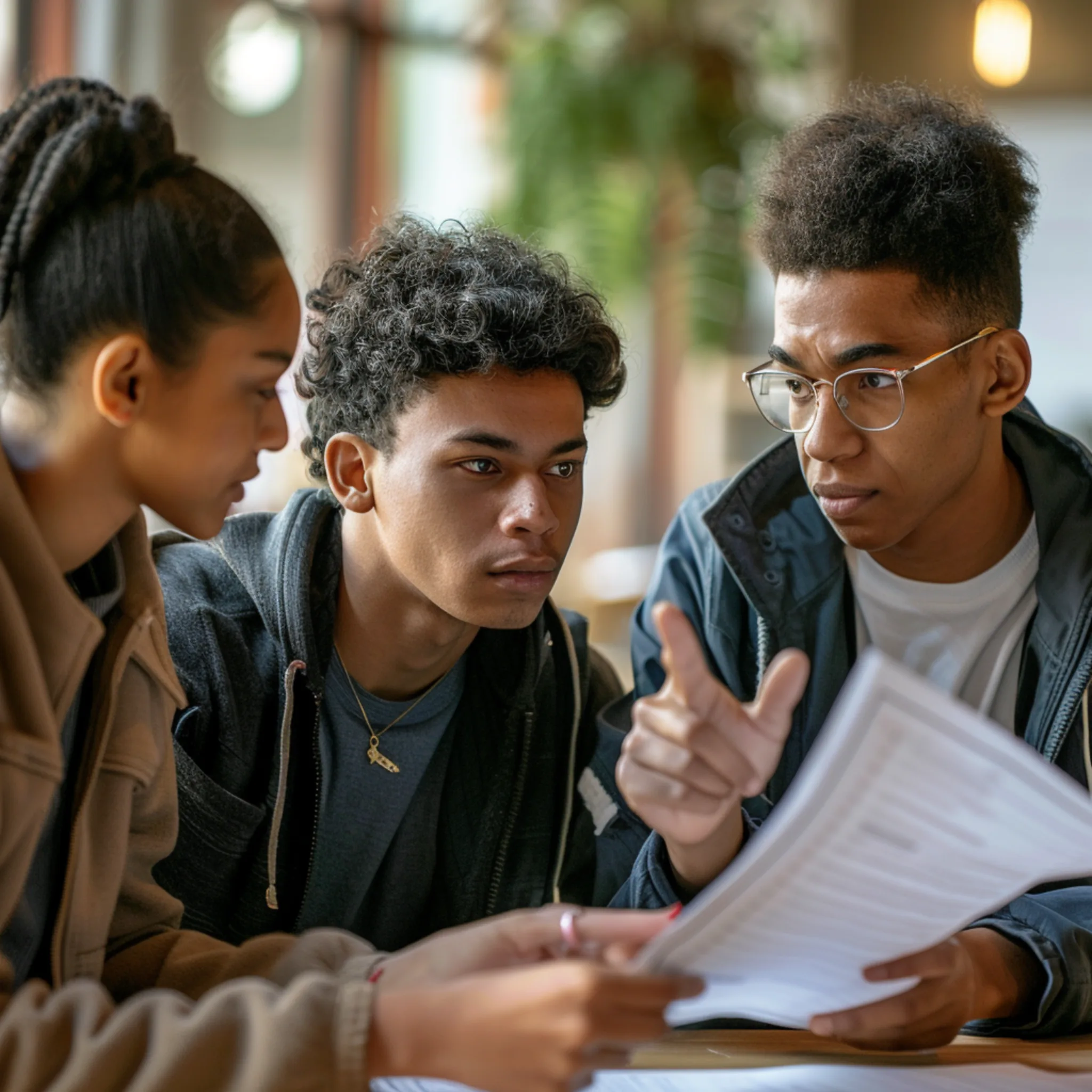 group-students-discussion Three young people sitting together indoors, reviewing documents and discussing information at a table.