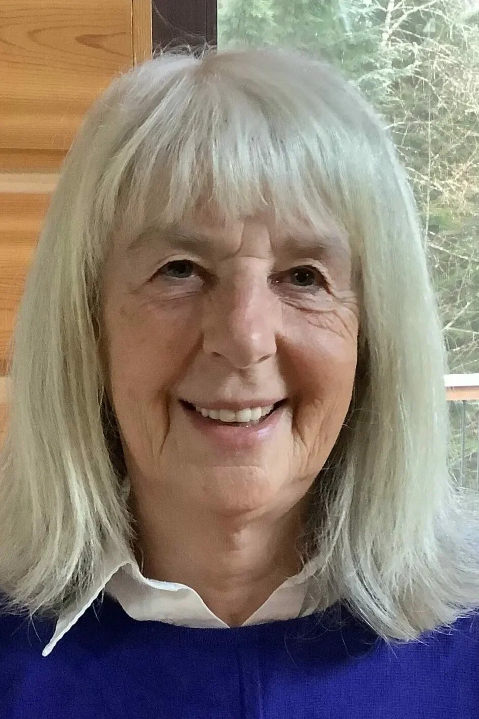 Smiling woman with shoulder-length silver-gray hair and bangs, wearing a royal blue sweater over a white collared shirt, photographed indoors near a window with a wooden wall and balcony railing with trees visible in the background.