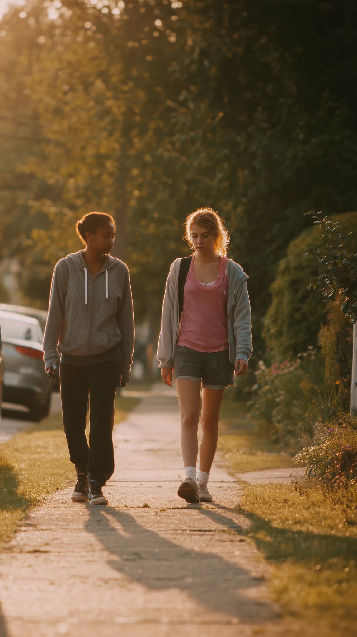 Two youth walking together along a residential sidewalk in the evening, representing early intervention and substance use prevention through supportive connection.