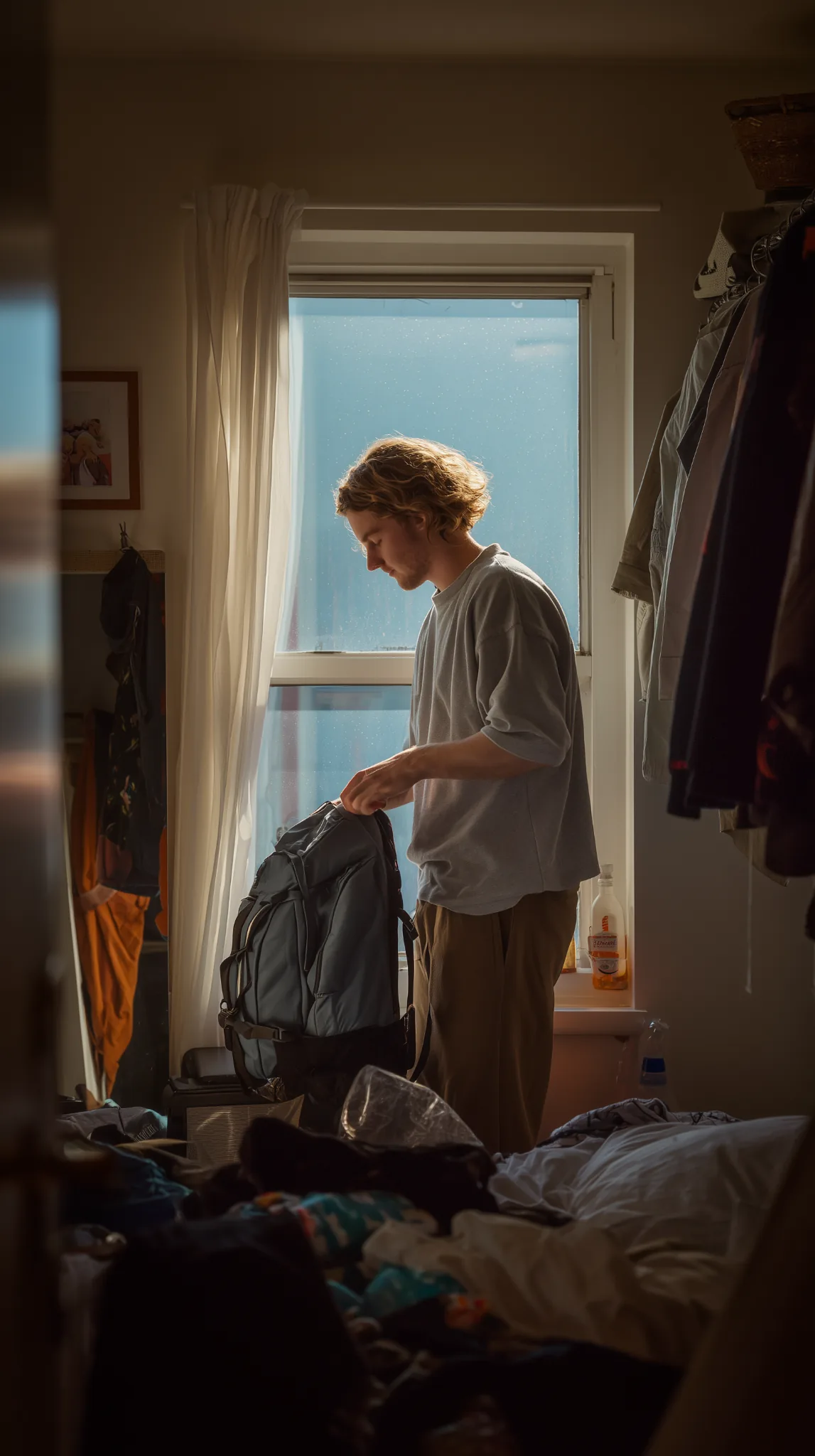 young-person-packing-backpack-window-light Young person packing a backpack in a softly lit bedroom, standing by a window with morning light streaming in.