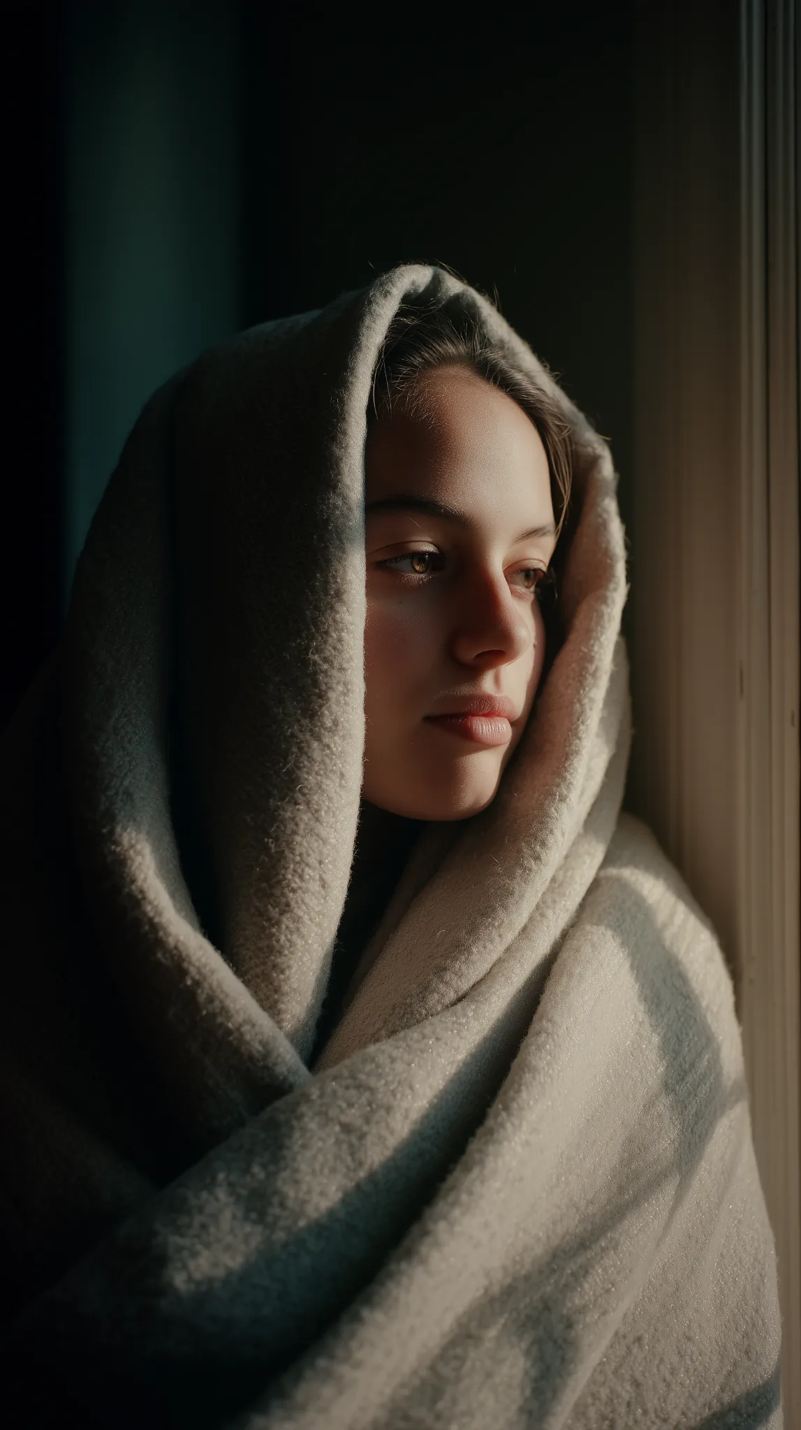 young-person-window-soft-light Young person wrapped in a blanket, looking out a window in soft natural light during a quiet, reflective moment.