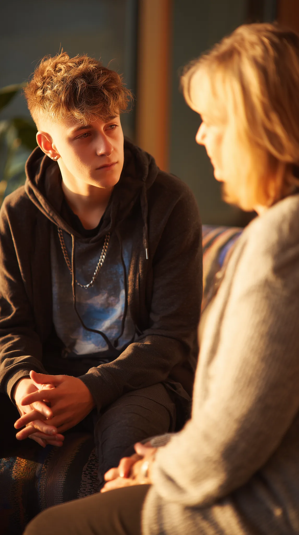youth-caregiver-support-conversation Youth sitting in a supportive one-to-one conversation with a caregiver in a warmly lit indoor setting, listening attentively during a wellbeing discussion.