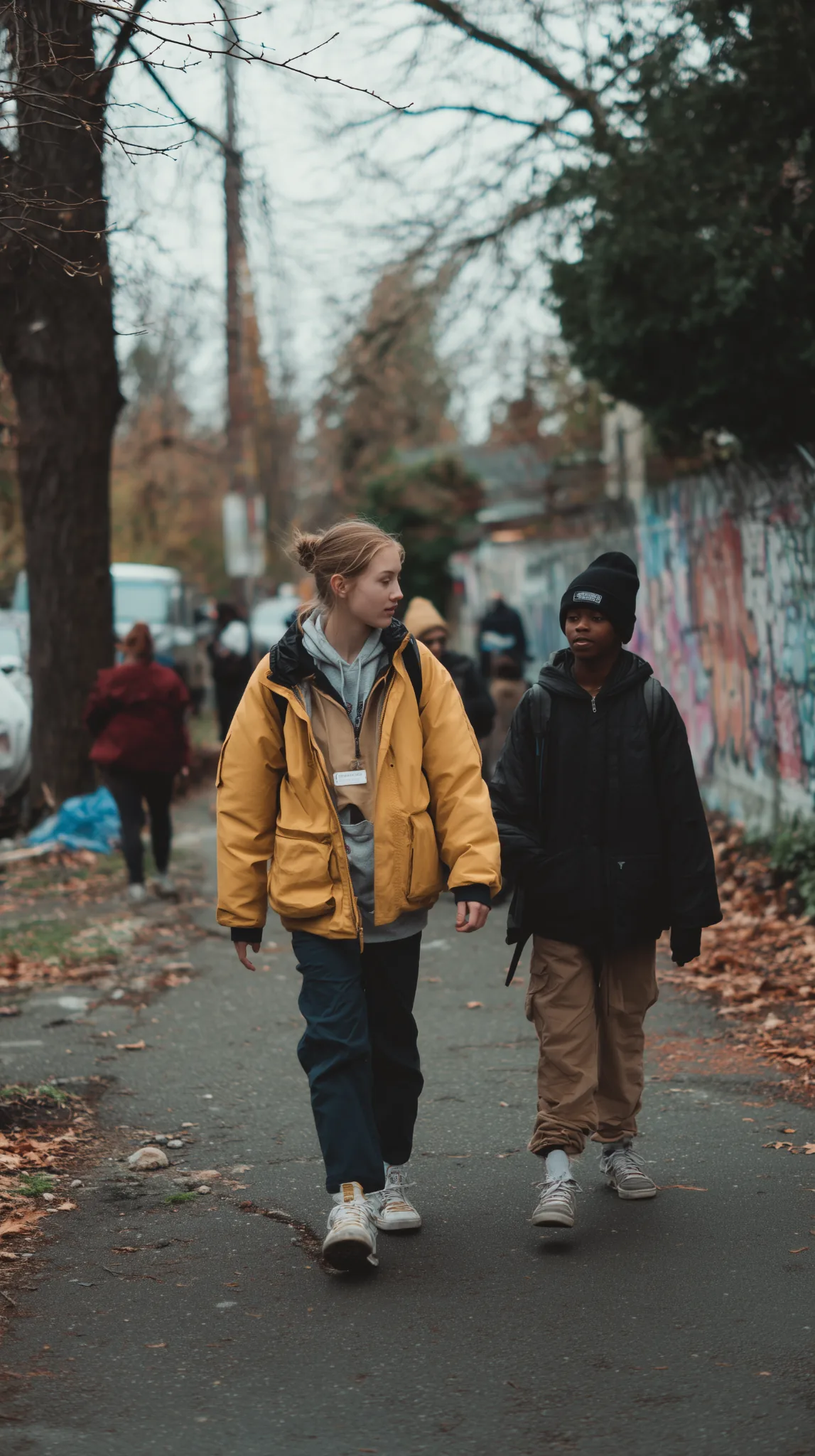 youth-outreach-walking-urban-autumn Youth outreach worker walking and talking with a young person along an urban street in autumn, graffiti wall and fallen leaves in the background.