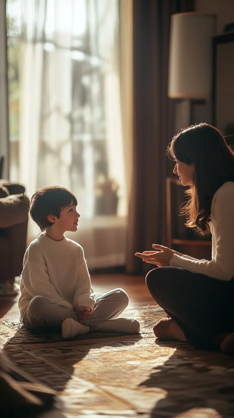 child_adult_conversation_floor A young child in a white sweater sits cross-legged on a patterned rug, attentively facing a woman with dark hair who is seated across from them gesturing with her hand, in a warmly lit living room with sheer curtains and soft natural light.