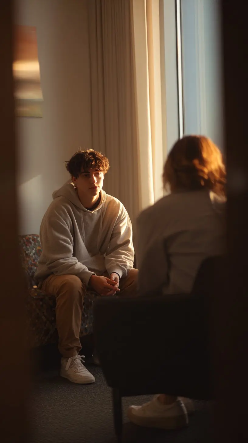 forensic-care A young man in a grey hoodie and tan pants sits in a patterned armchair, hands clasped, in a warmly lit room with large curtains. He faces a person seated with their back to the camera, suggesting an interview or counseling session.