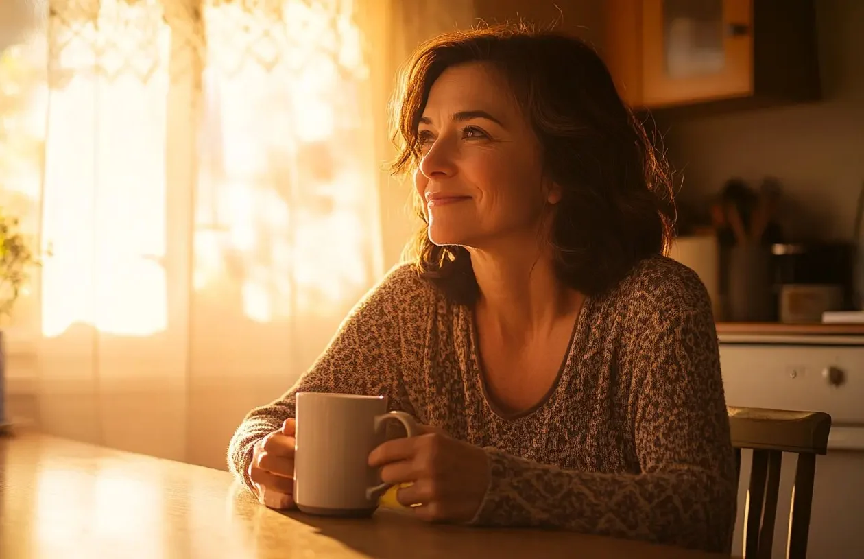 woman_morning_coffee A family carehome provider in her 40s with short dark hair sits at a kitchen table holding a white mug, smiling softly as she gazes toward a sunlit lace-curtained window, bathed in warm golden morning light.