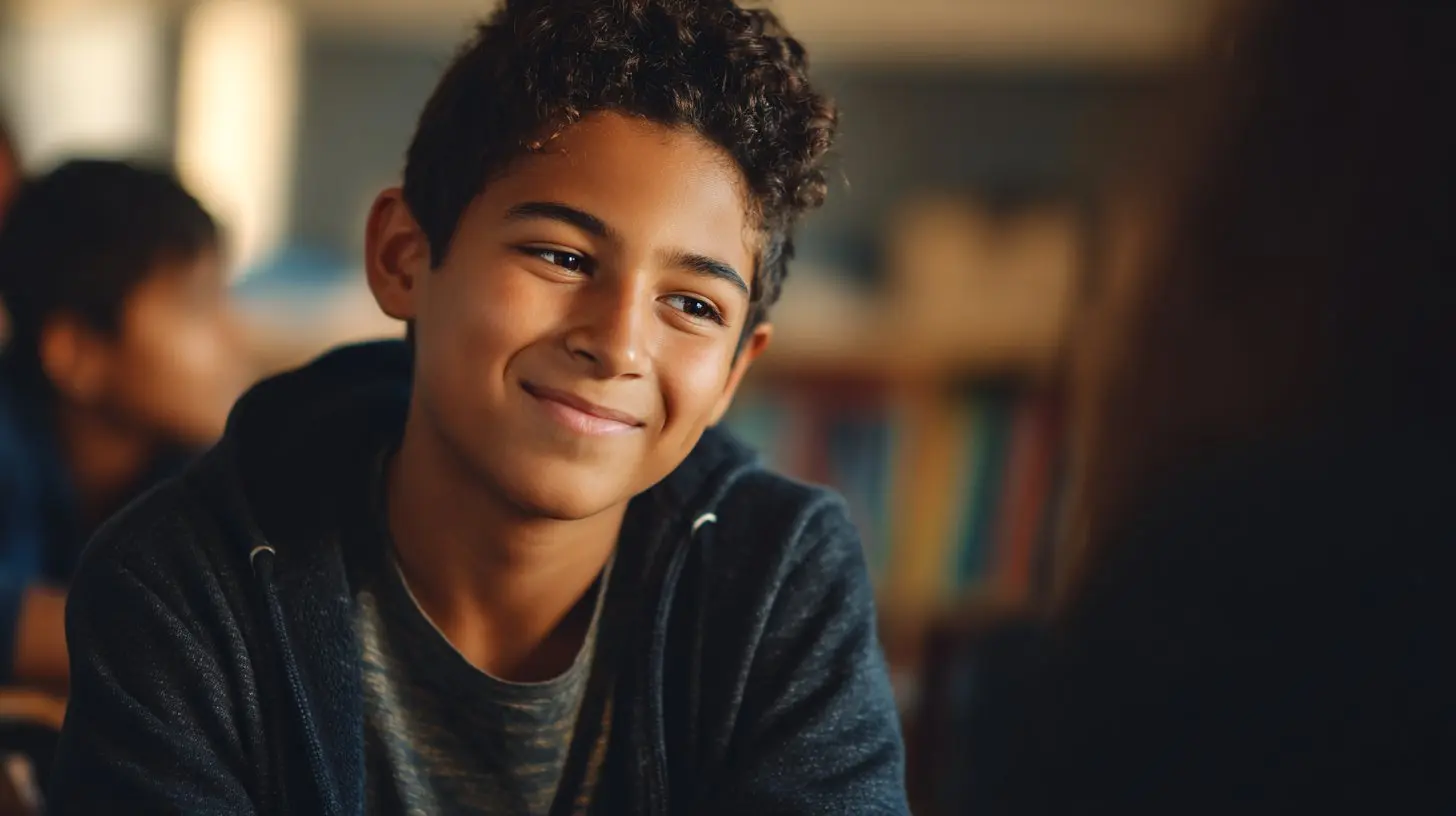 youth-smiling-classroom A young teenage boy with curly dark hair wearing a navy hoodie smiles warmly at the camera, with a softly blurred classroom and colorful bookshelf visible in the background.